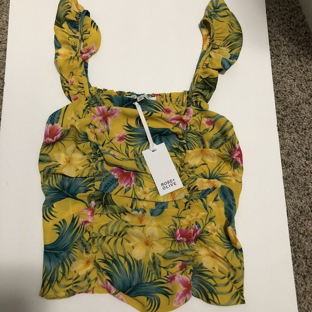 Rose + Olive topical floral ruffle top sleeveless square neck size XS vacation
